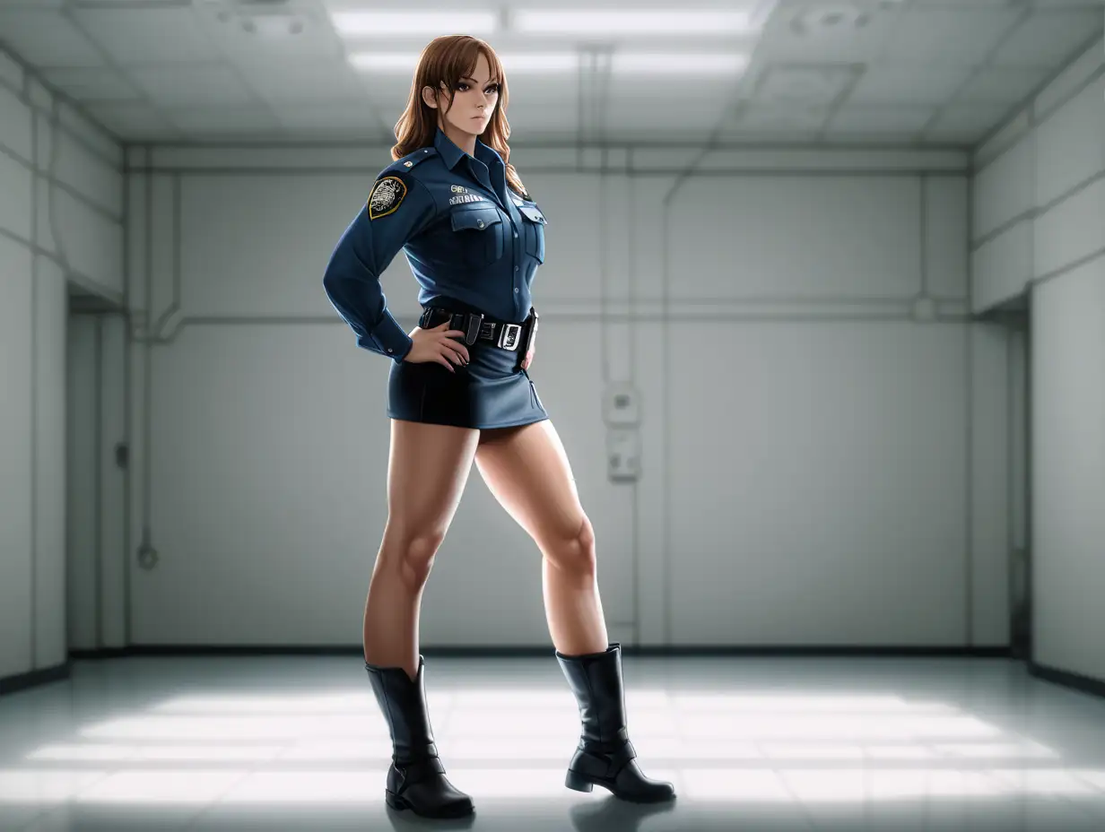 Female-Police-Officer-in-Mini-Skirt-with-Muscular-Thighs-Posing-in-Empty-Room