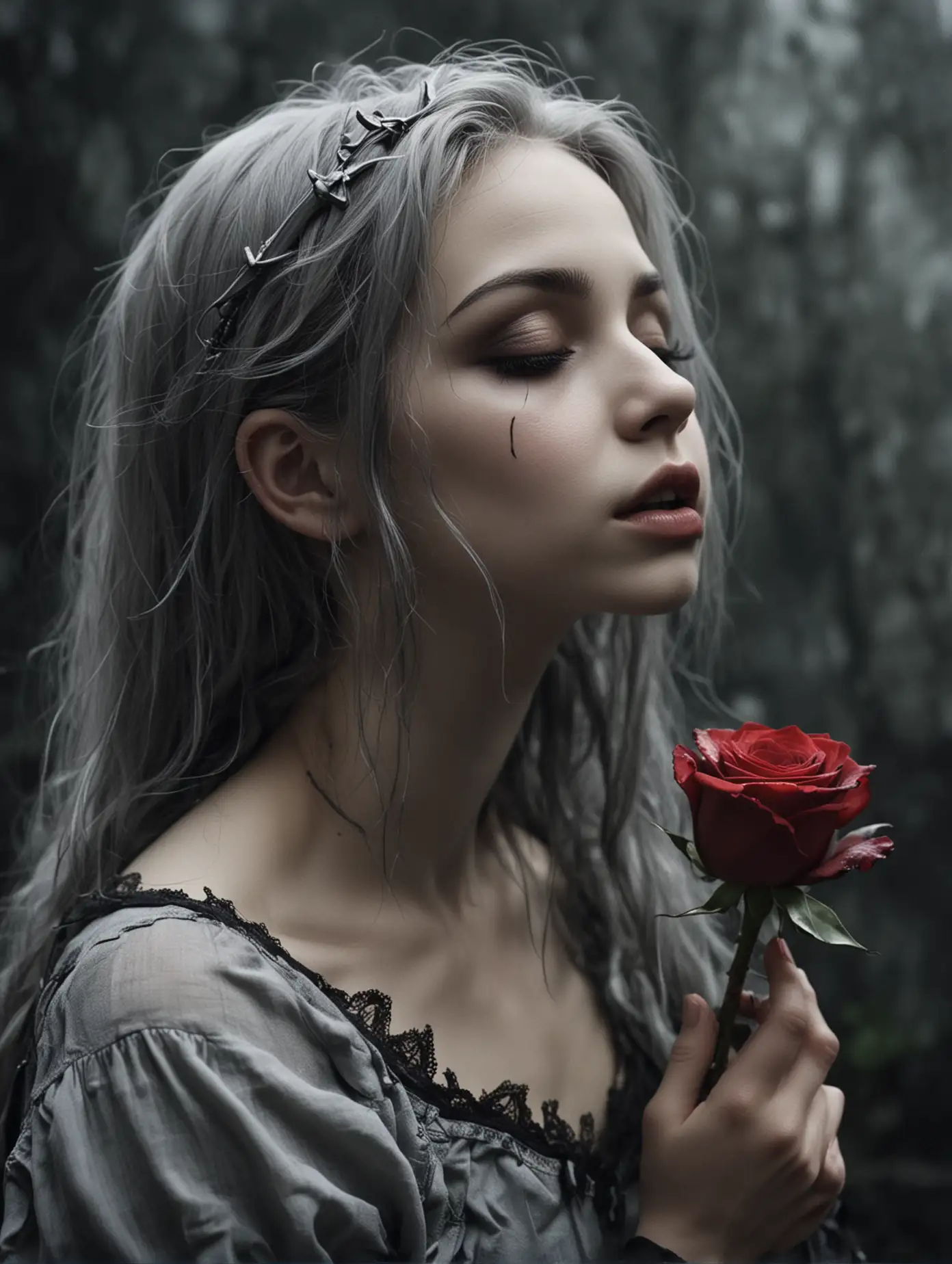 Gothic-Baby-in-a-GreyToned-Dreamscape-with-Rose-Imagery