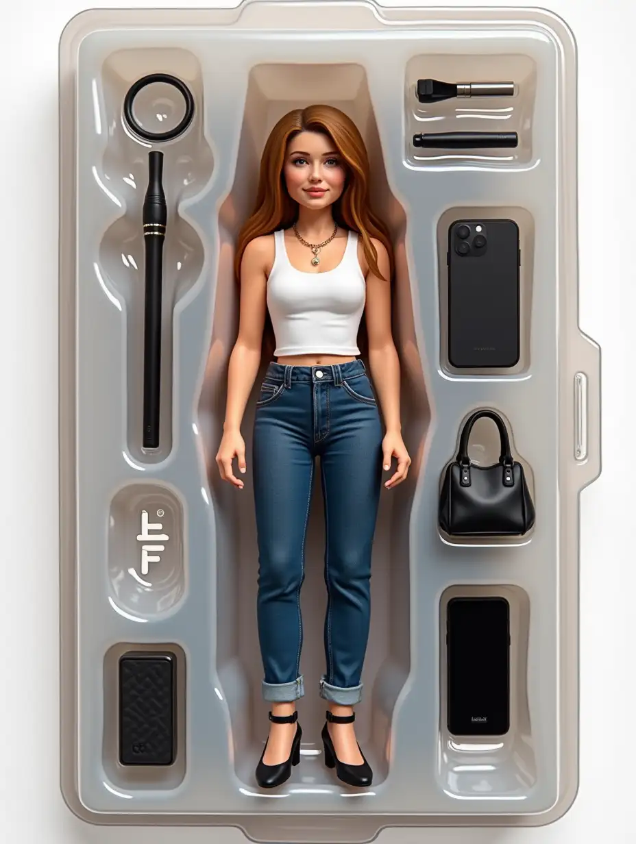 Use this photo of me to create an action figure of myself in a blister pack, in the style like a premium collectible toy. The figure should be standing up and have a relaxed, friendly smile. The blister pack should have a header with the text [Alexandra] in large letters and a subheading of [ovchenkova] below it. Include accessories in compartments to the side of the figure: [Electronic cigarette,Black handbag,iPhone phone].