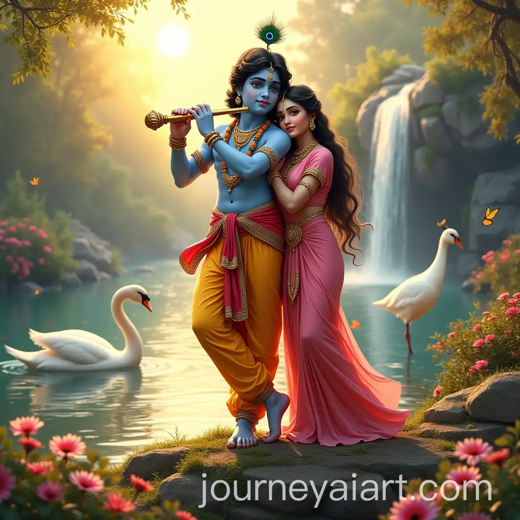 Radha-and-Krishna-in-Serene-Garden-with-Swan-Peacock-and-Waterfall