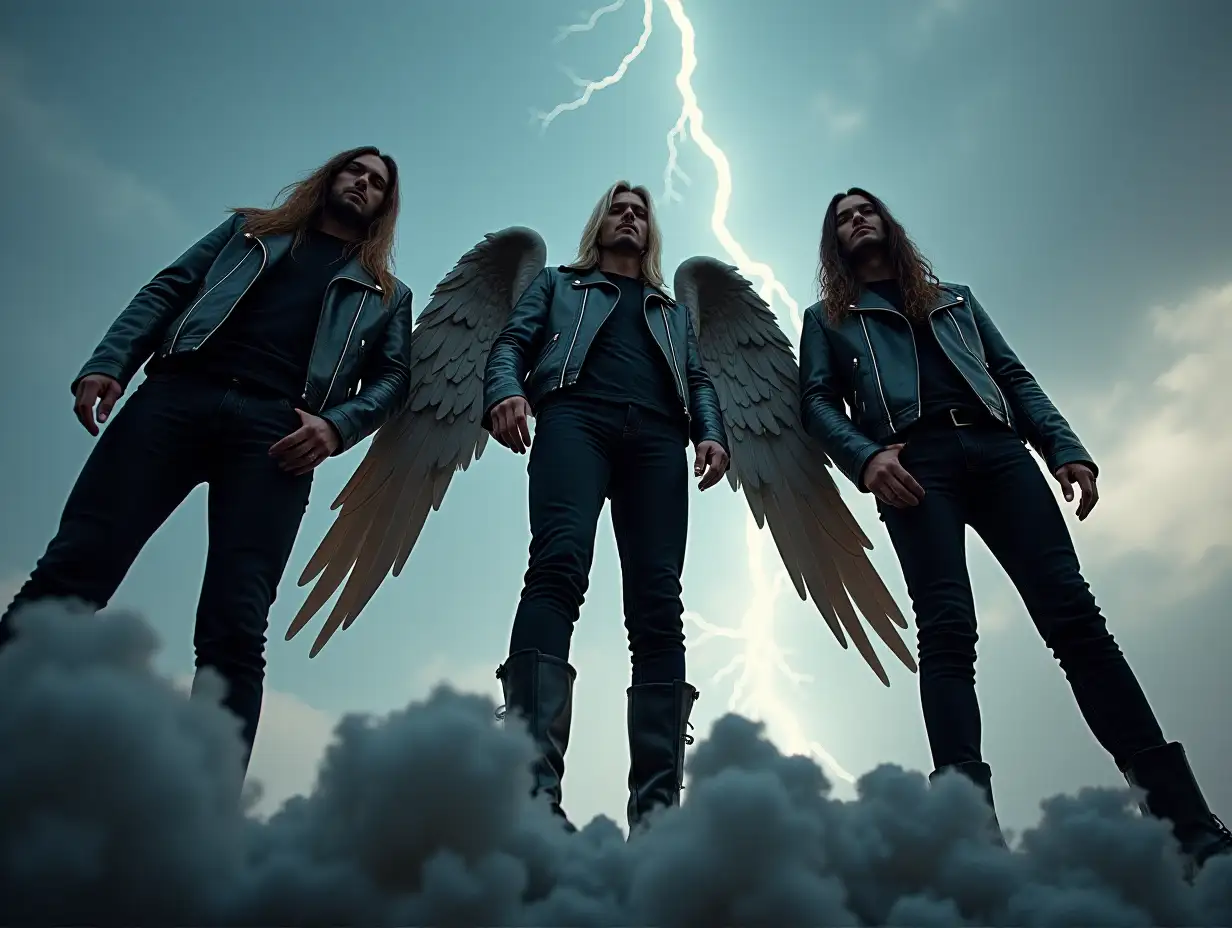 a low angle shot of a metal band, the band members have angel wings and are wearing all black leather jackets and black jeans and boots, there are black and white clouds under their legs and the background sky has lightnings