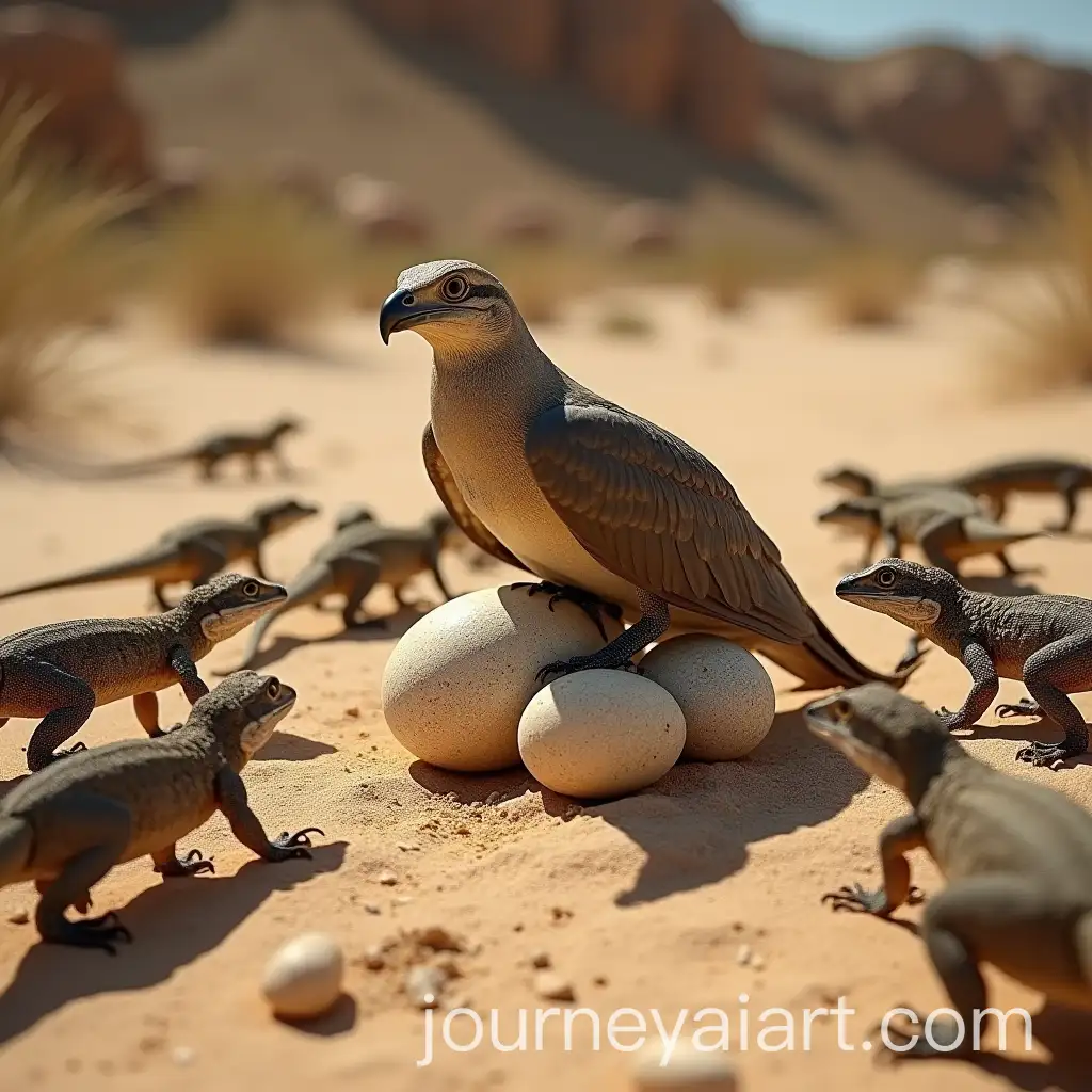 Bird-Protecting-Eggs-in-Desert-Landscape-with-Monitor-Lizards-Approaching