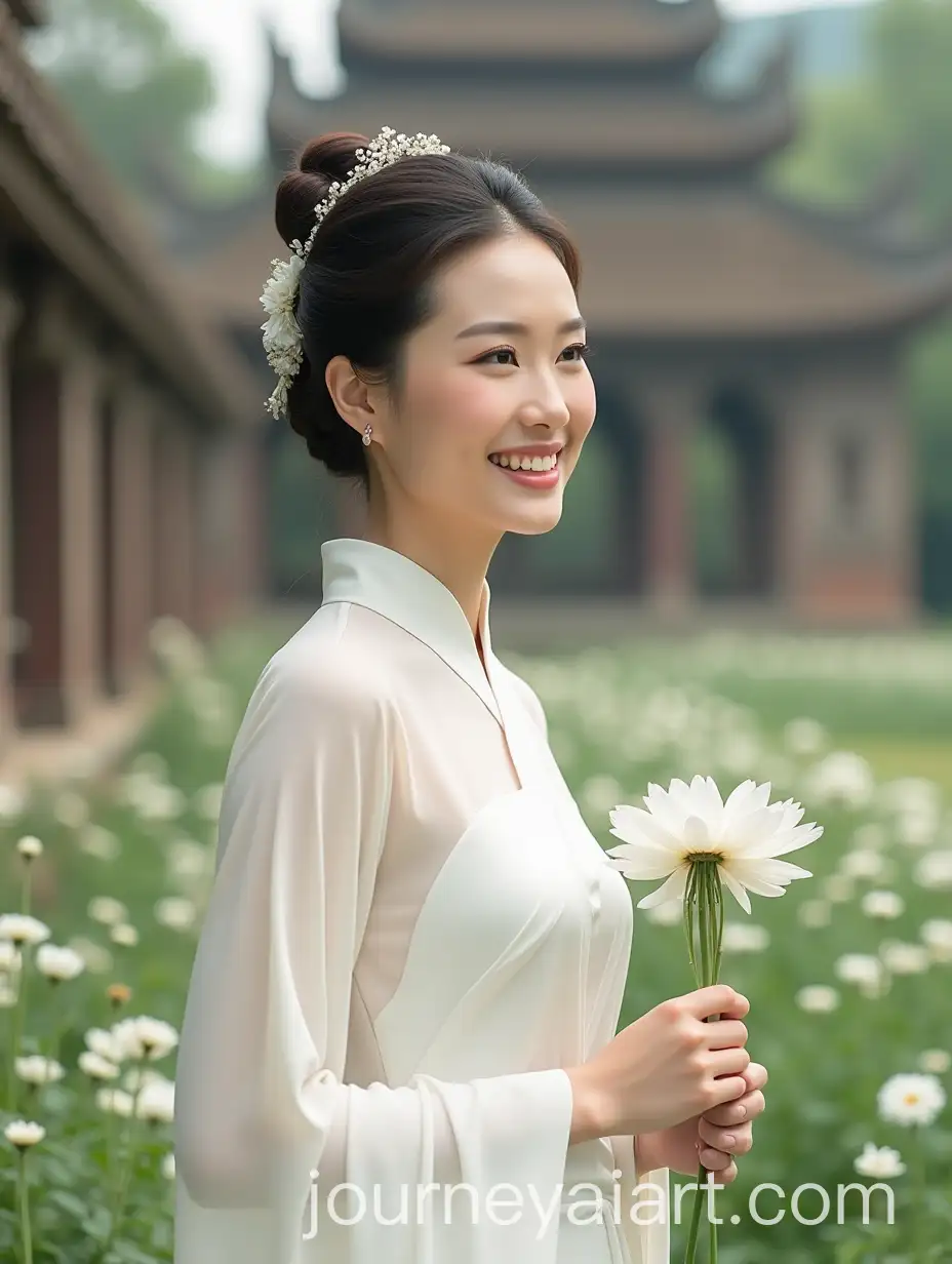Ancient-Burmese-Woman-in-White-Dress-Holding-White-Flower-in-Palace-Setting