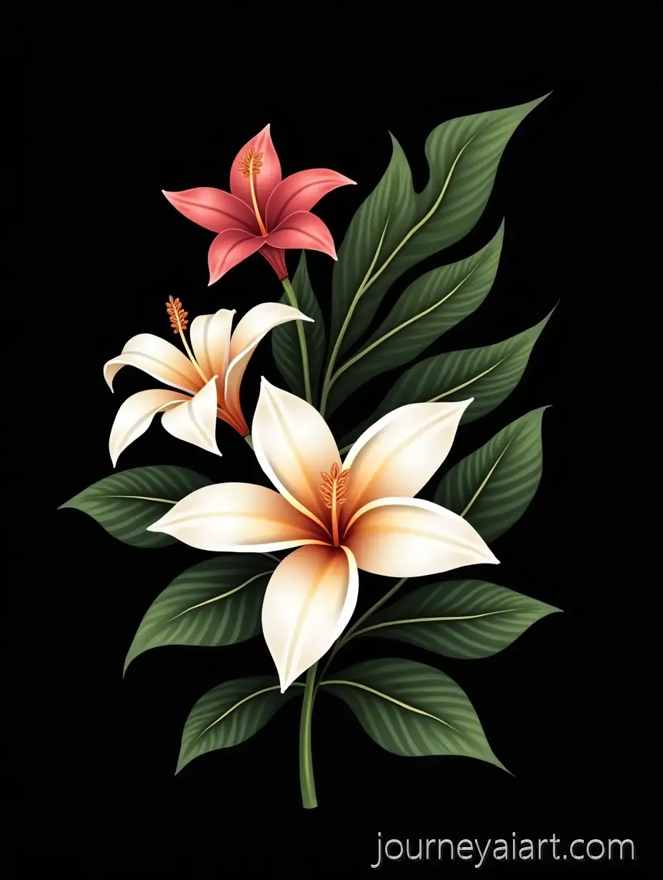 Vector-Illustration-of-White-and-Red-Tropical-Flowers-with-Palm-Leaves-on-Black-Background