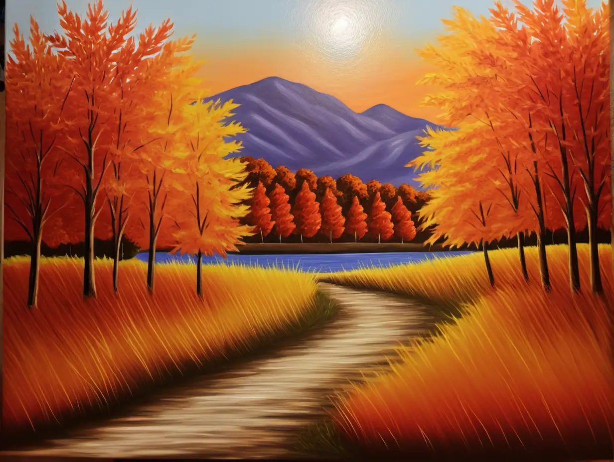 Vibrant Autumn Landscape Painting with Falling Leaves