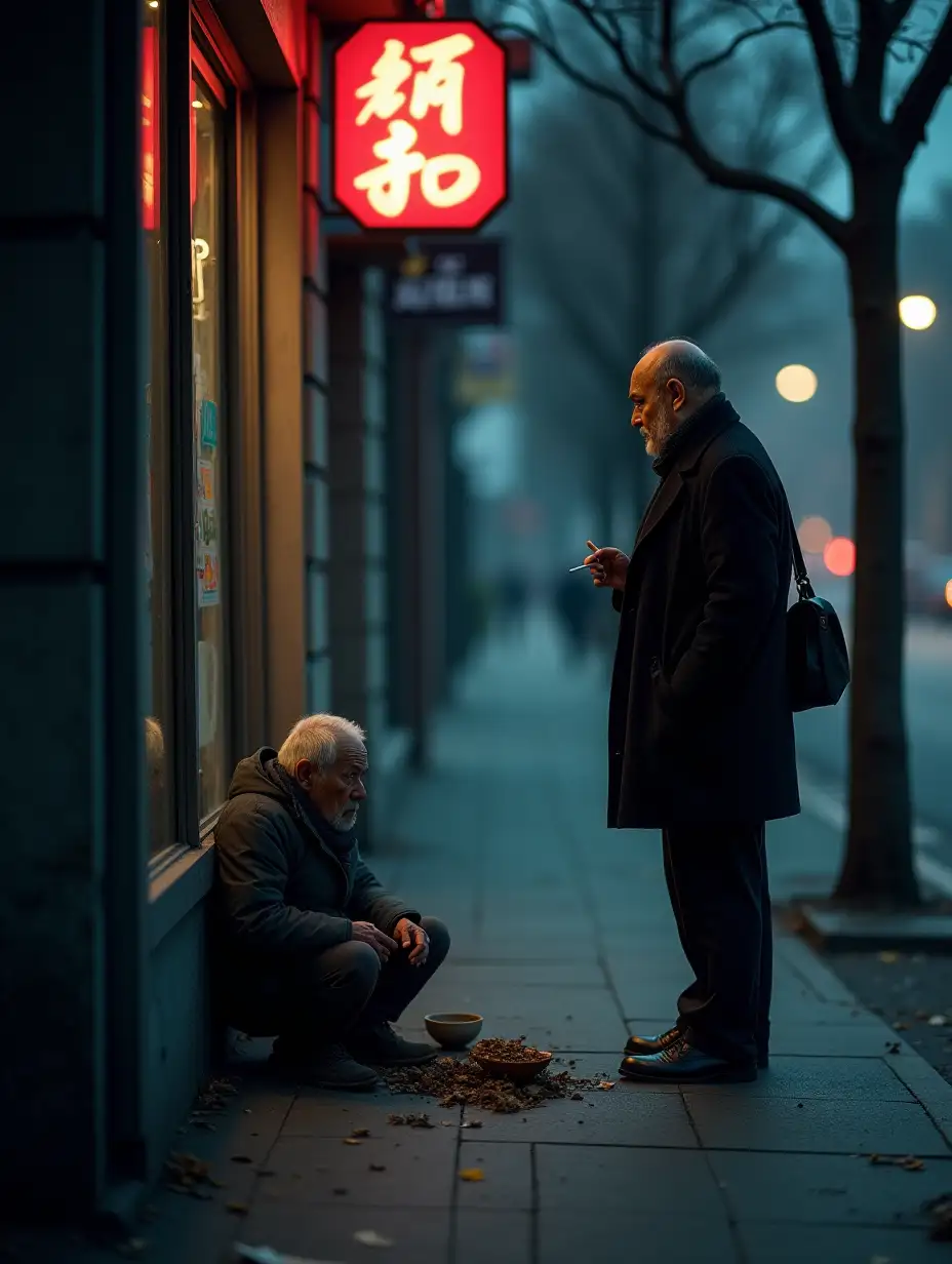 Winter-Evening-Beggar-on-a-Sidewalk-with-Neon-Lights-and-Pedestrian-Path