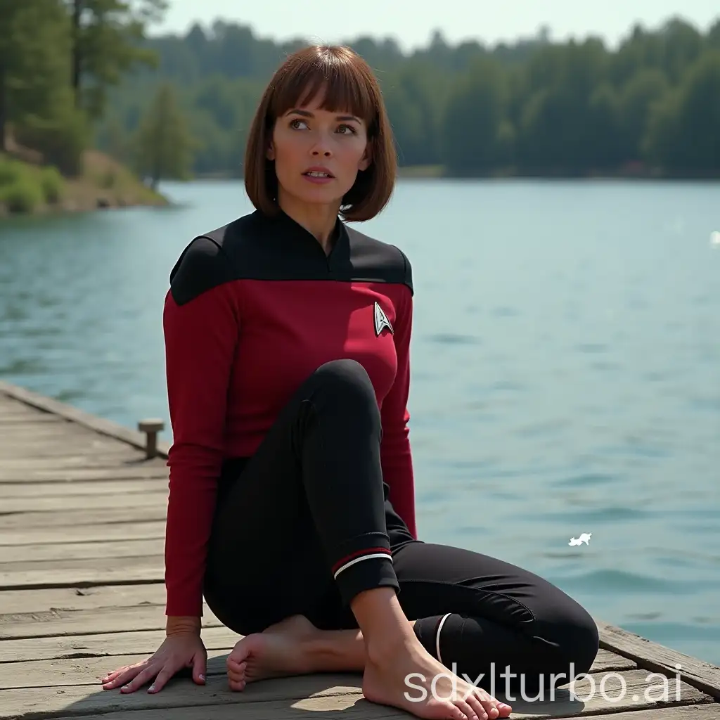 commander t'pol from star trek, from the planet vulcan. with short smooth brown hair. in star trek uniform, sitting barefoot on a dock by the lake. she looks surprised.