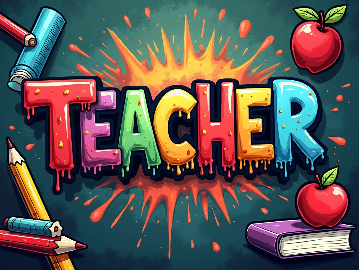 Vector illustration, Art style: stained glass, Simple lines. Create a vibrant, graffiti-style artwork featuring the word 'TEACHER' in bold, colorful letters. The letters should be dripping with paint and surrounded by various school supplies and objects, such as pencils, books, rulers, and an apple. The background should be a textured surface, like a chalkboard or a concrete wall, with a splash of color and energy. The overall style should be energetic and playful, capturing the spirit of education and creativity.