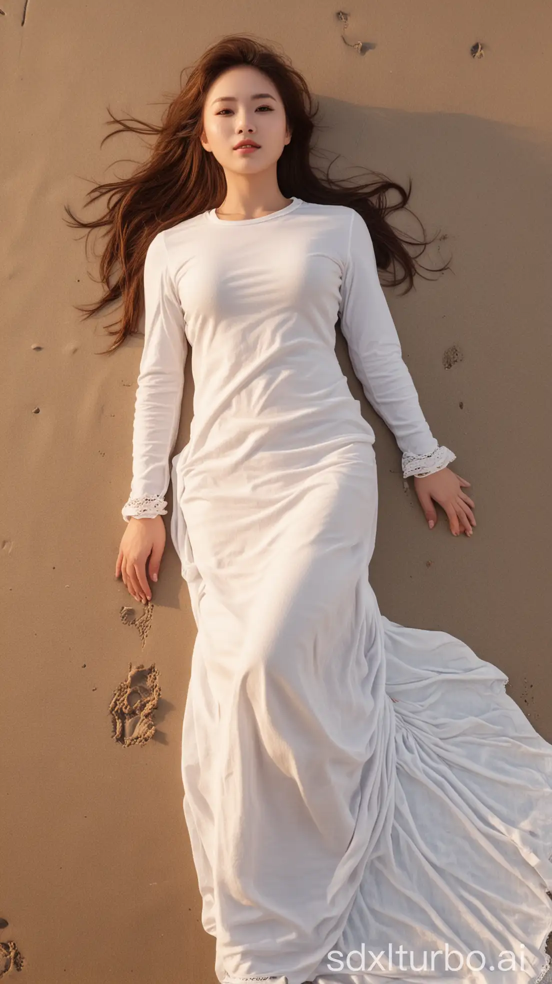 Chinese-Beauty-in-Winter-White-Outfit-Lying-on-Sand-at-Sunset-Beach