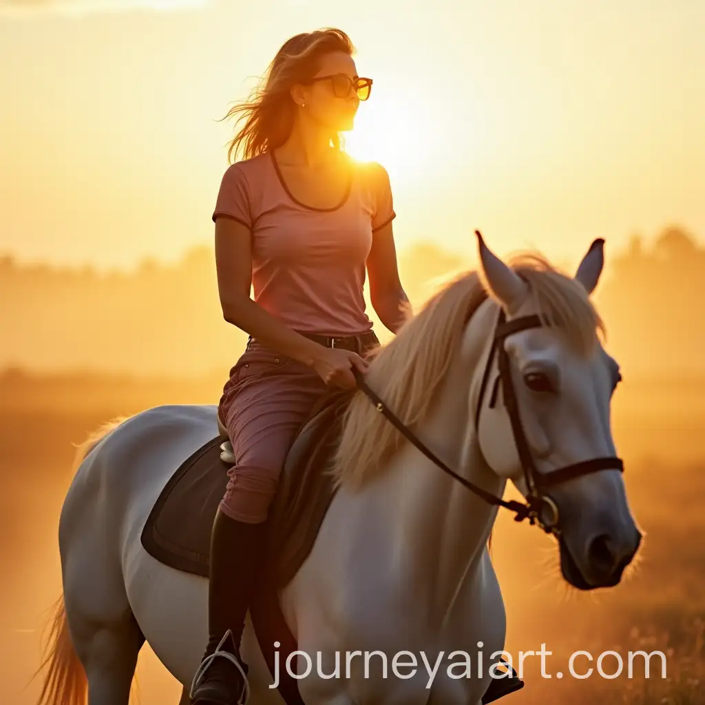 Woman-Riding-a-White-Horse-at-Sunset-with-Sunglasses