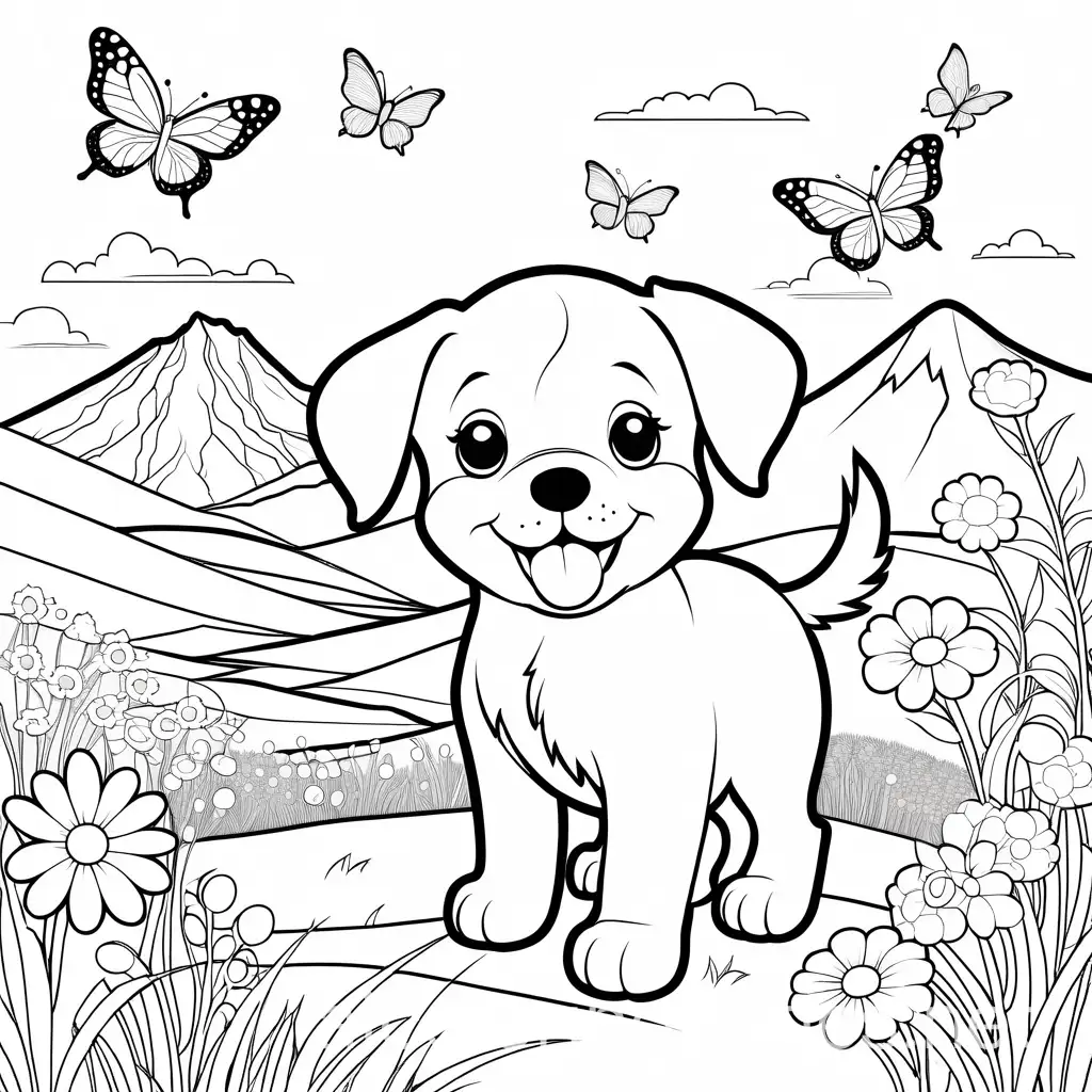 Playful-Puppy-and-Butterflies-in-Flower-Field-with-Mountain-Backdrop-Coloring-Page