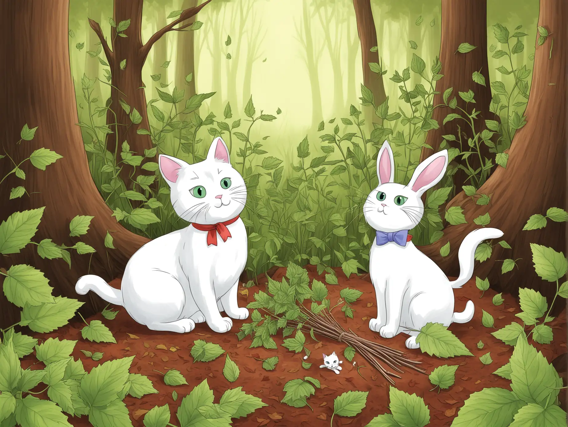 Clara the White Cat and Benny the Bunny Gathering Forest Treasures