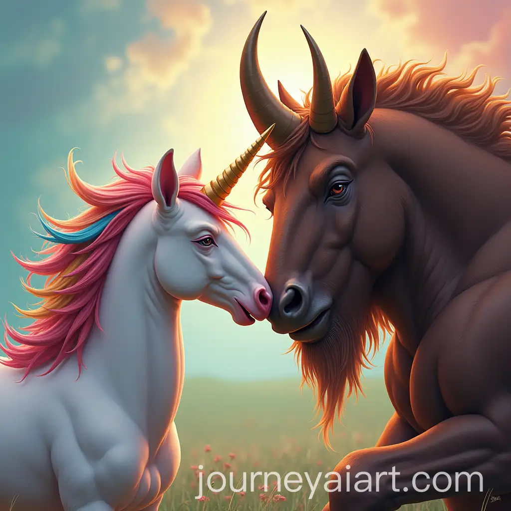 Colorful-Unicorn-Kissing-a-Strong-Minotaur-in-a-Fantasy-Setting
