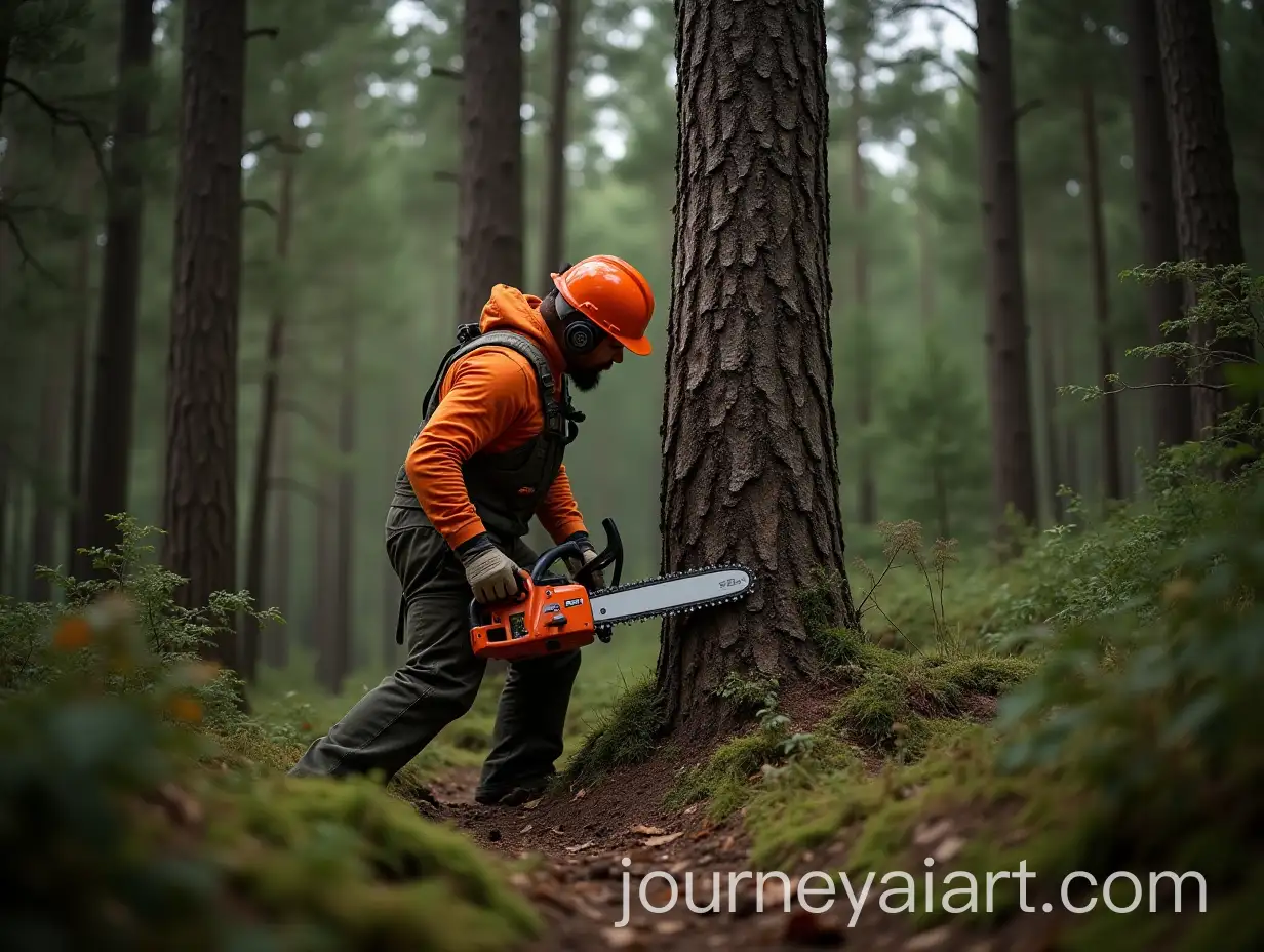 Forest-Worker-Cutting-Tree-with-Stihl-Chainsaw-in-Lush-Green-Forest