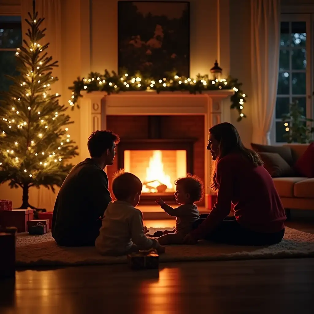 a perfect couple are sat near an open fire with a christmas tree in the corner as kids are playing and opening presents on the floor.