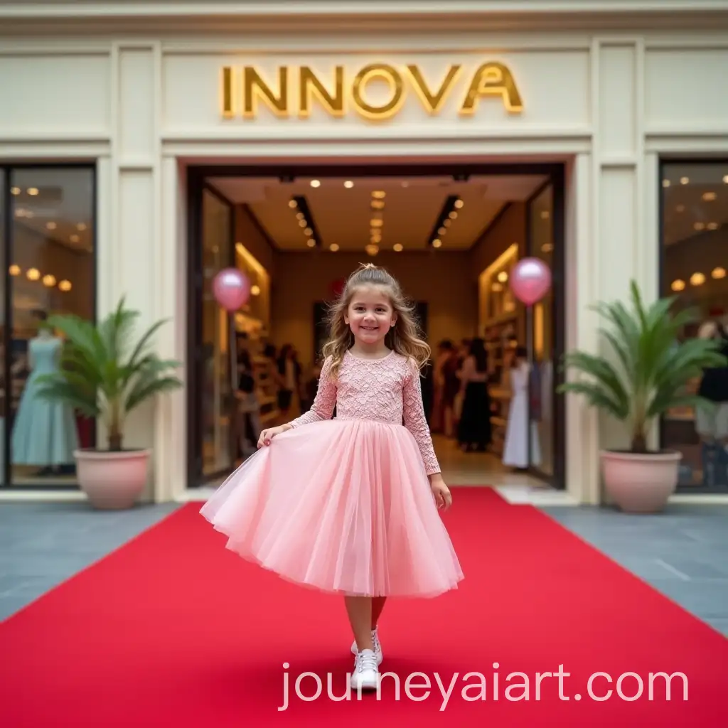 7YearOld-Girl-in-Lace-Pink-Dress-Walking-on-Red-Carpet-at-Elegant-Store-Entrance
