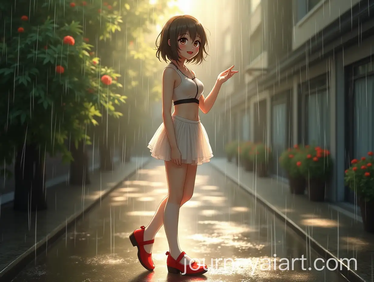 Laughing-Woman-in-Red-Shoes-and-White-Mini-Skirt-Under-Sunbeam-in-Rainy-Weather
