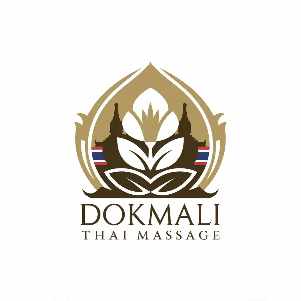 LOGO Design for Dokmali Thai Massage Jasmine Thai Flag Golden Brown with Monk Temple and Stylized Massage Theme