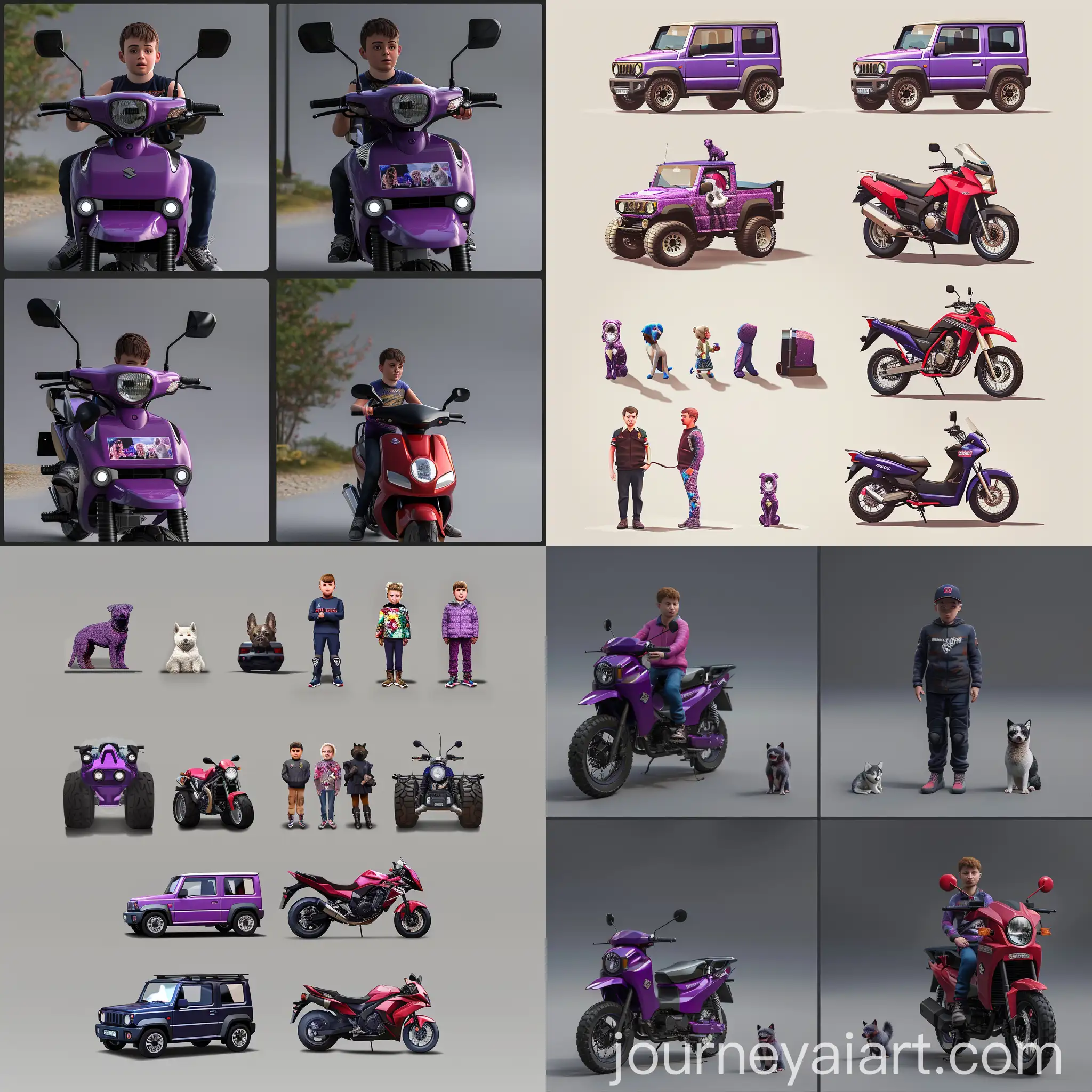 Family-with-American-Akita-Dogs-and-Vehicles-in-Hyperrealistic-Style