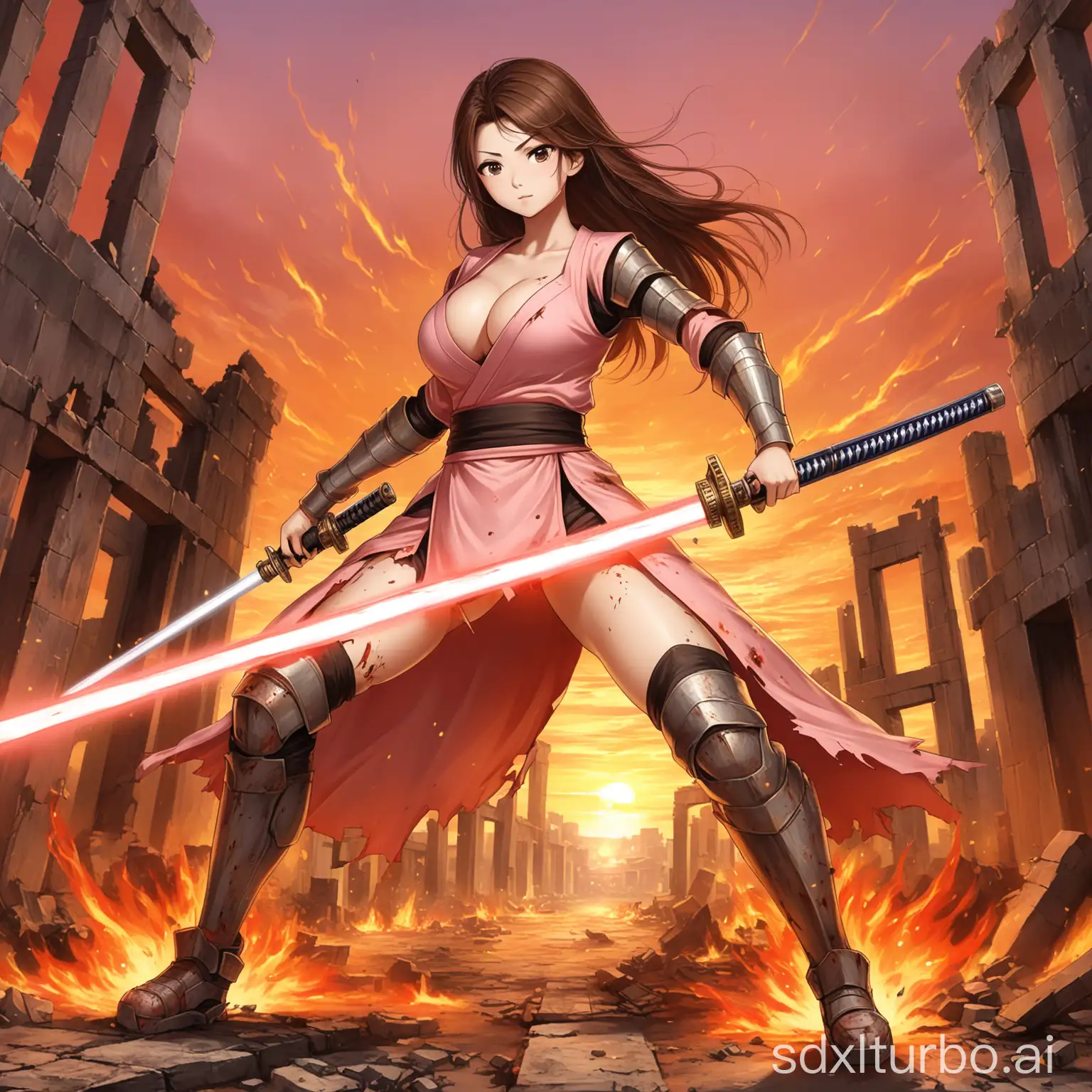 Warrior-Woman-in-Torn-Attire-Wielding-Saber-at-Fiery-Sunset-in-Ancient-Ruins