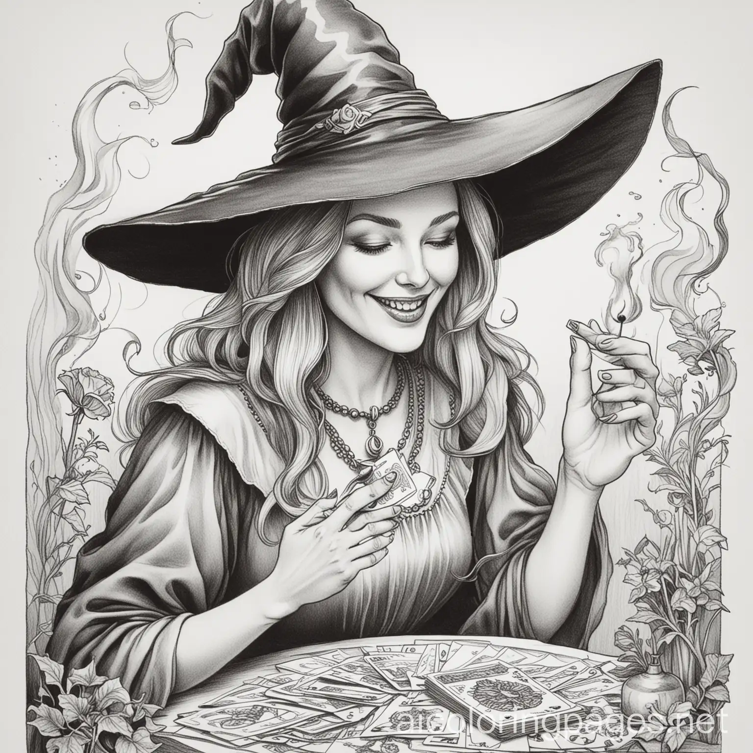 Witch-Laughing-While-Smoking-a-Cigarette-Among-Tarot-Cards