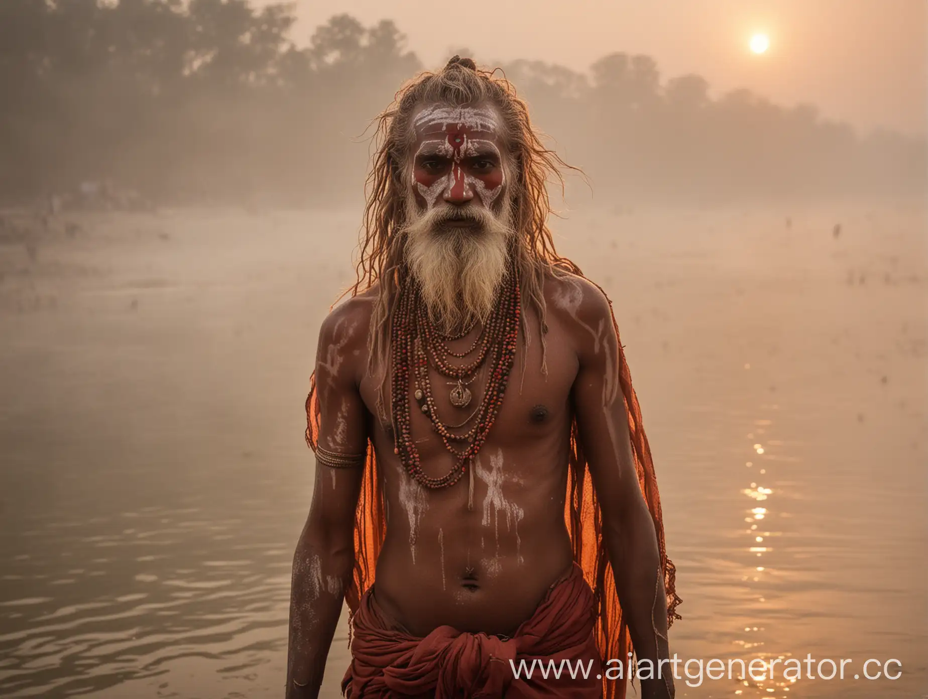 Naga-Sadhu-on-the-Banks-of-the-Ganges-River-at-Sunrise