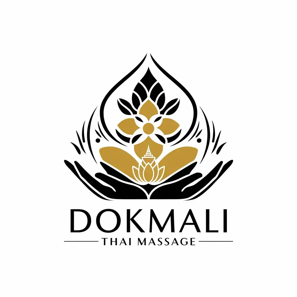 LOGO Design for Dokmali Thai Massage Black and Golden Jasmine Hands Thai Monk Temple Lotus Theme