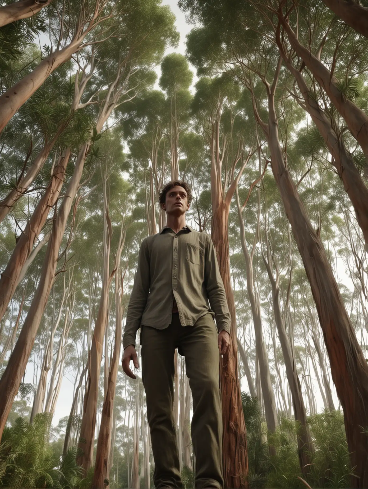 Eucalyptus-Tree-Man-Standing-Tall-in-Forest-Landscape