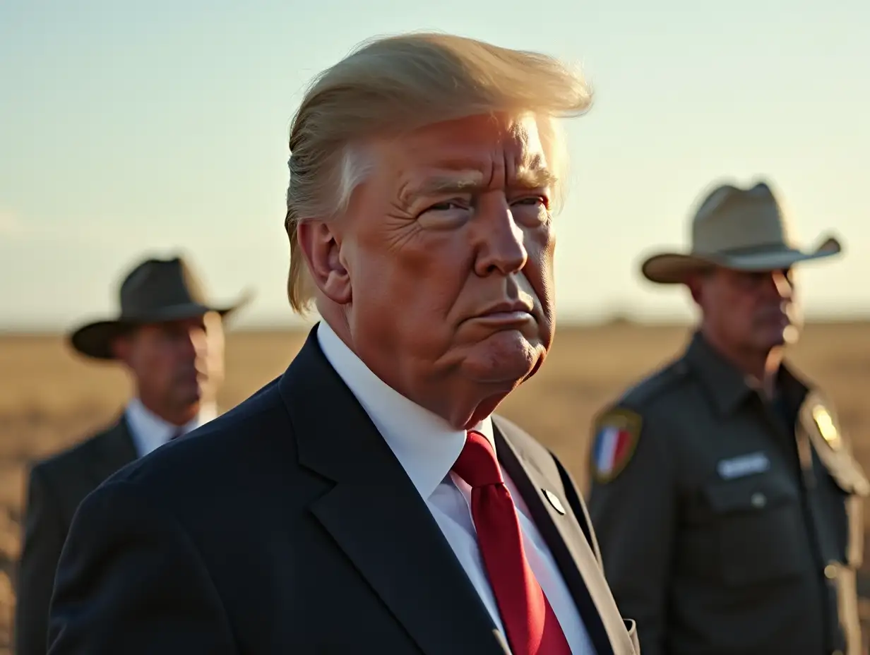 trump standing on a texan farm in daylight, hos 2 secret service agent standing behind him. trumps expression is serious and squinty eyes becasue of sunlight