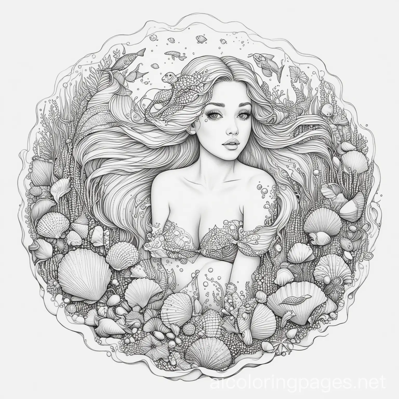 Mermaid-Coloring-Page-with-Seashells-and-Fish