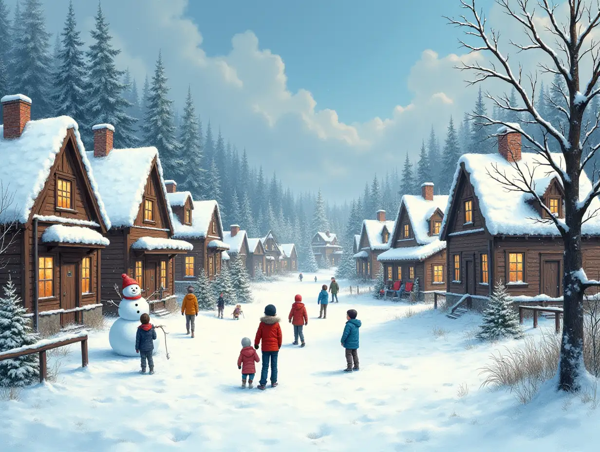 Snowy winter scene, village scene, many kids, some building snowmen,  detailed drawing, high quality, masterpiece