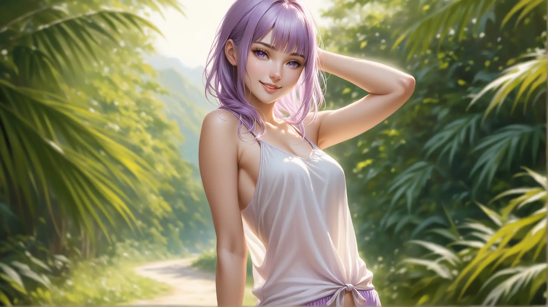Smiling Woman with Short Light Purple Hair in Summer Outfit