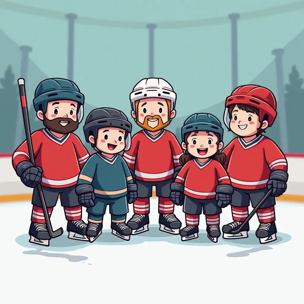 five cartoon hockey goalies stand together