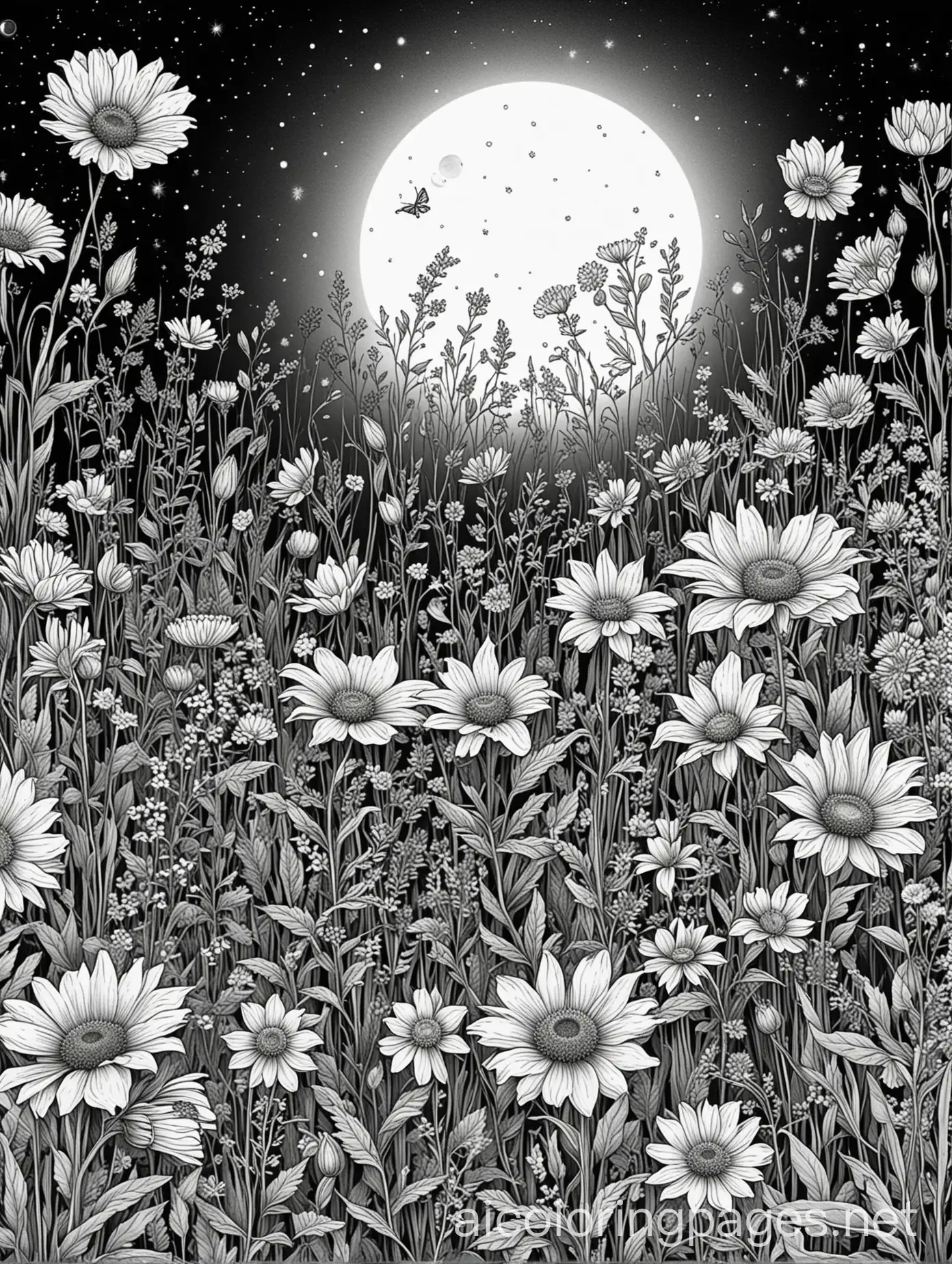 a beautiful field of wildflowers in the moonlight with some extreme closeup of some big fat flowers in the foreground, Coloring Page, black and white, line art, white background, Simplicity, Ample White Space. The background of the coloring page is plain white to make it easy for young children to color within the lines. The outlines of all the subjects are easy to distinguish, making it simple for kids to color without too much difficulty