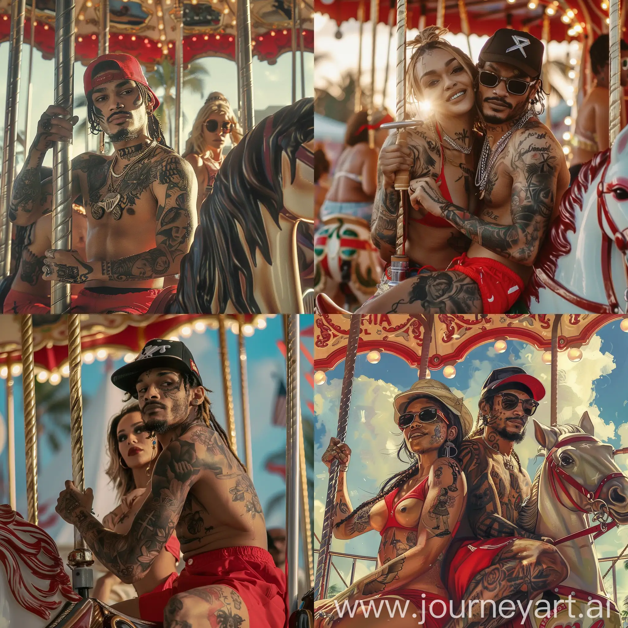 Girls-Riding-Carnival-Horse-Carousel-with-Short-Shorts-and-Tattoos