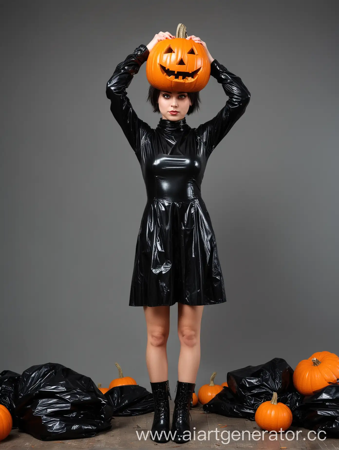 Girl-with-Pumpkin-in-Latex-Dress-and-Boots