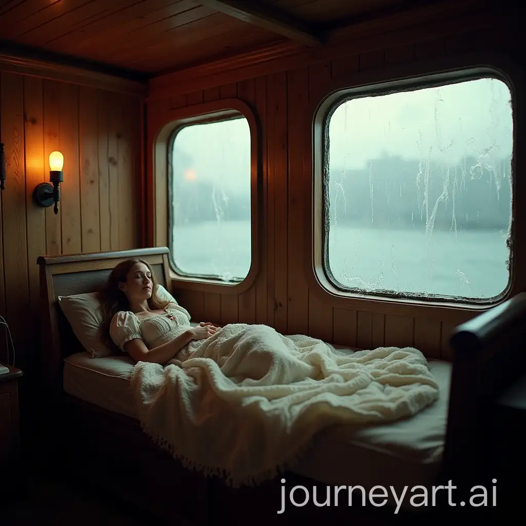 Cozy-Wooden-Ship-Cabin-with-a-Rainy-Sea-View-and-a-Young-Woman-Sleeping