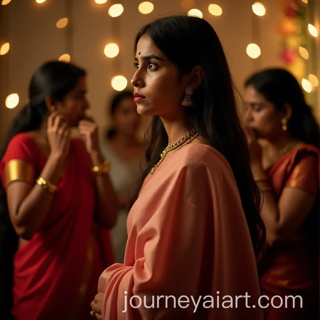 AI-Art-Prompt-ExpansionYoung-Indian-Woman-in-Soft-Pink-Saree-Surrounded-by-Judgmental-Gossips-in-Festive-Setting