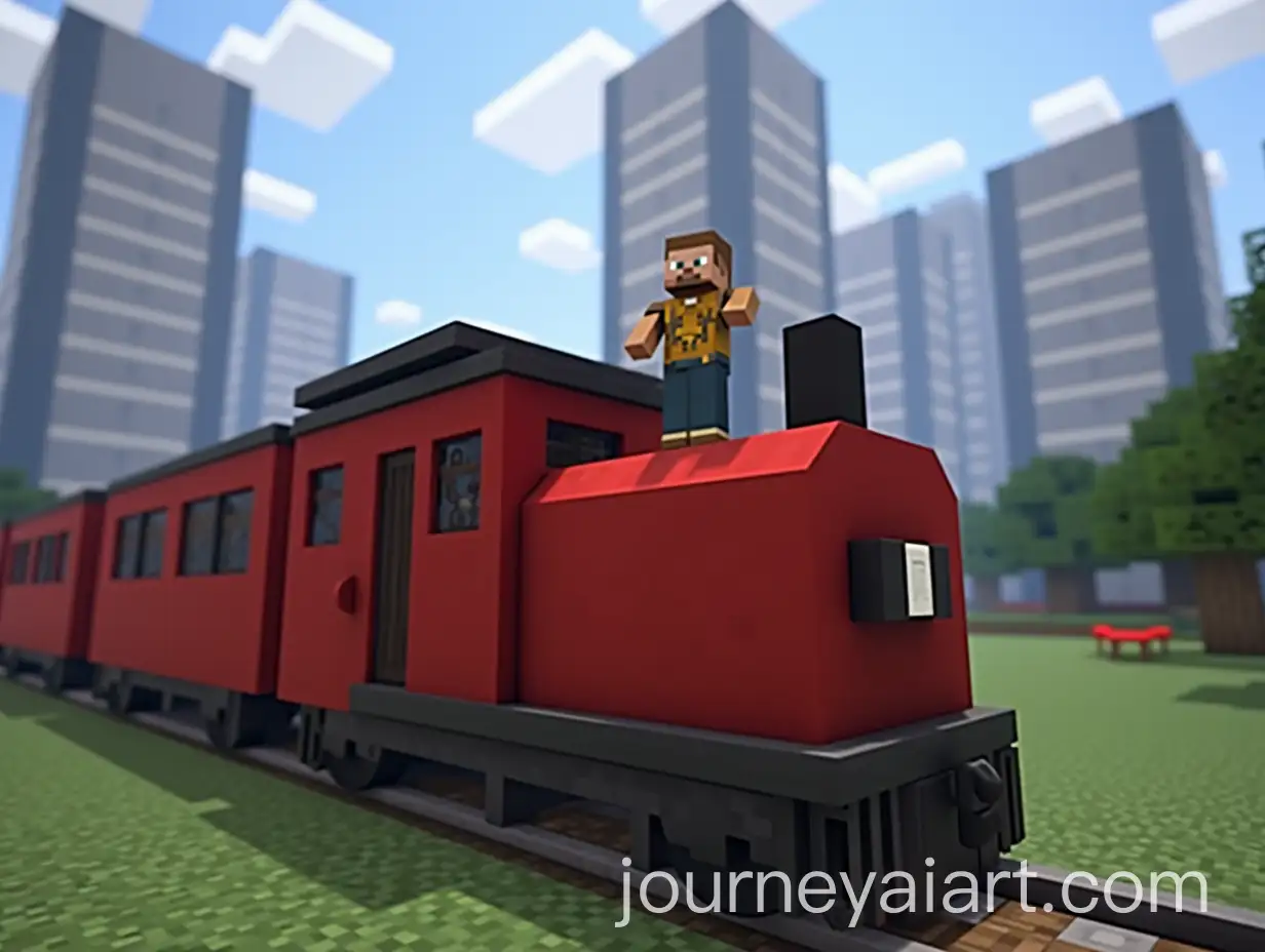 Minecraft-Scene-with-Cubed-Red-Train-and-Modern-Cityscape