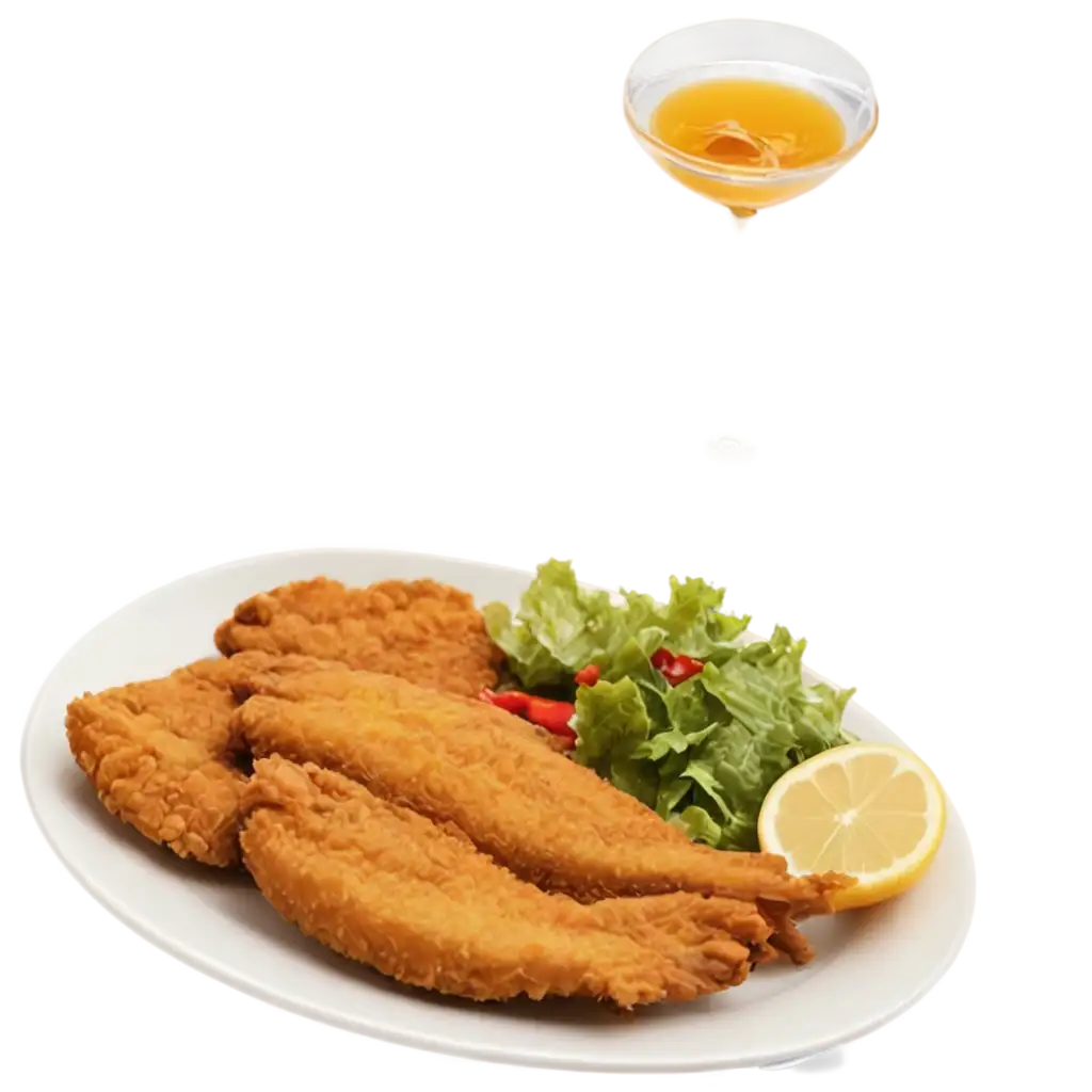 Having fried fish for lunch served on a white plate