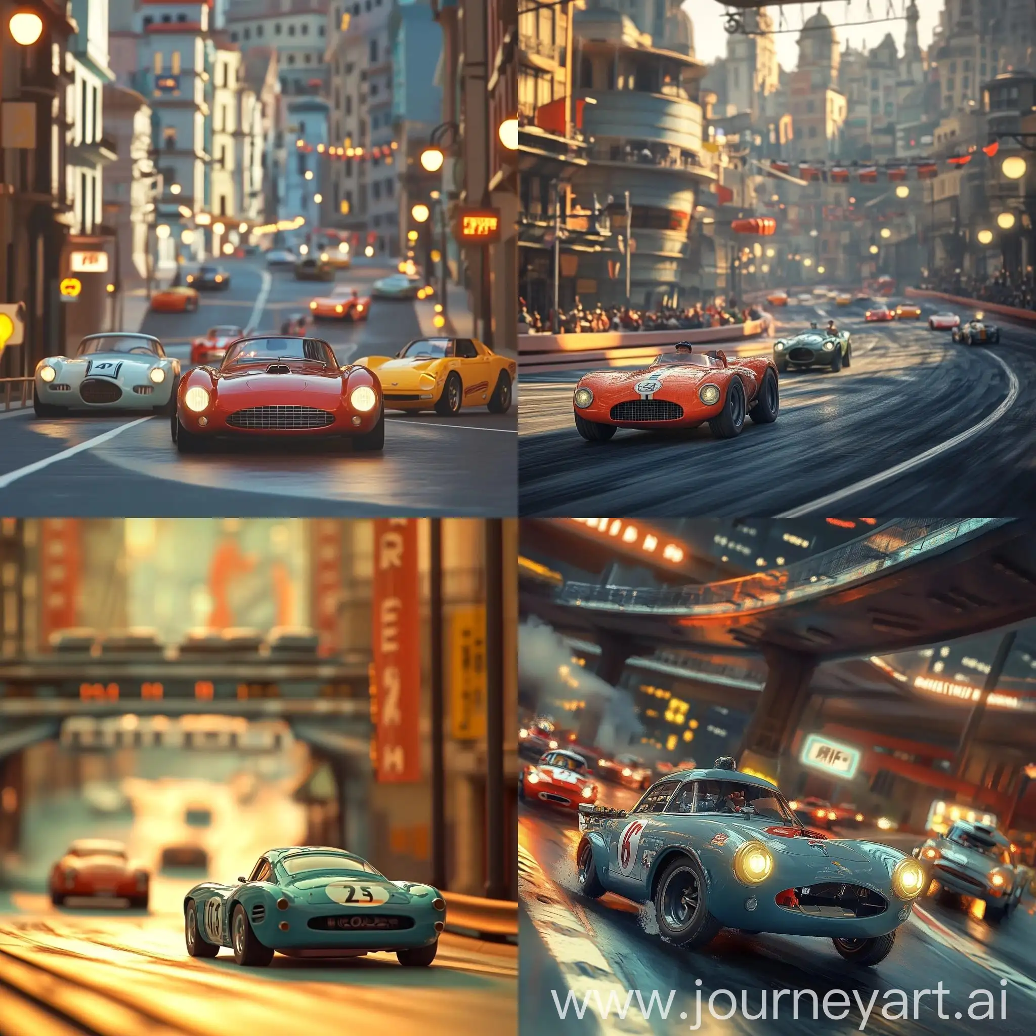 Classic-Cars-Racing-in-Urban-Circuit-Pixar-Style