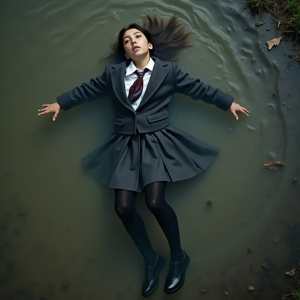 A young schoolgirl in a school uniform, in a skirt, jacket, blouse, dark tights, high-heeled shoes. She is swimming in a dirty pond, lying underwater, all her clothes are completely wet, wet clothes stick to her body, the whole body is underwater, submerged in water, under the surface of the water, below the water's edge.