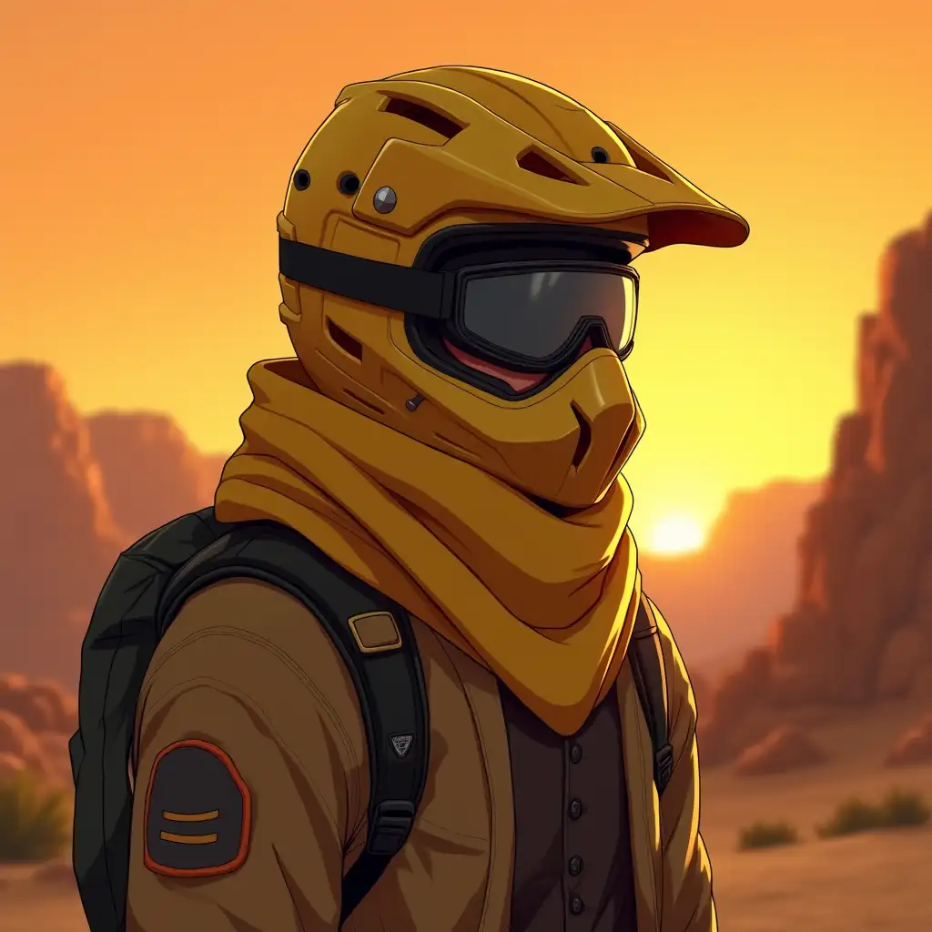 Anime-Character-in-Desert-Attire-with-Golden-Helmet-and-Scarf-at-Sunset-in-Forest