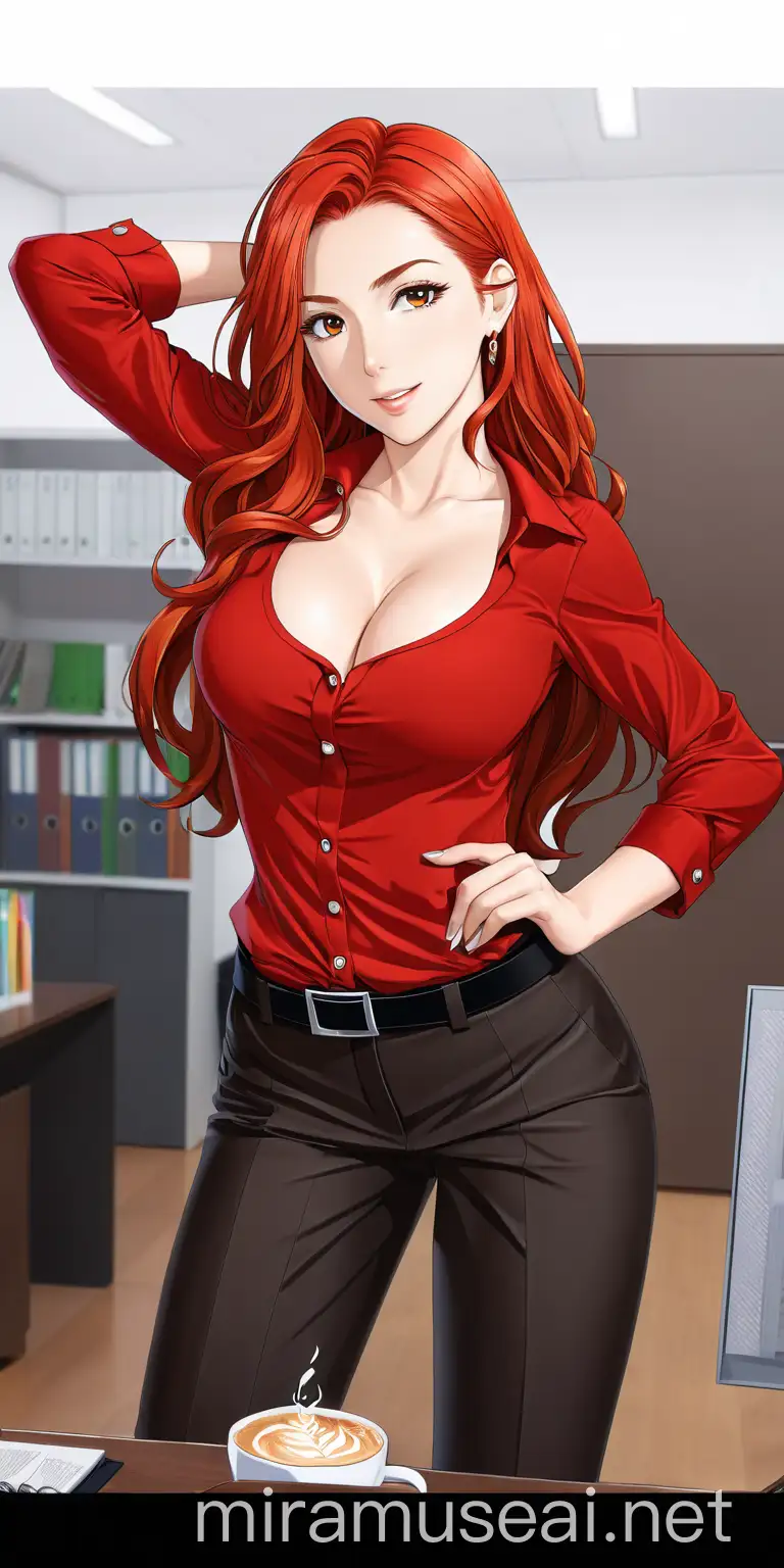 Anime Style Office Lady with Long Wavy Red Hair