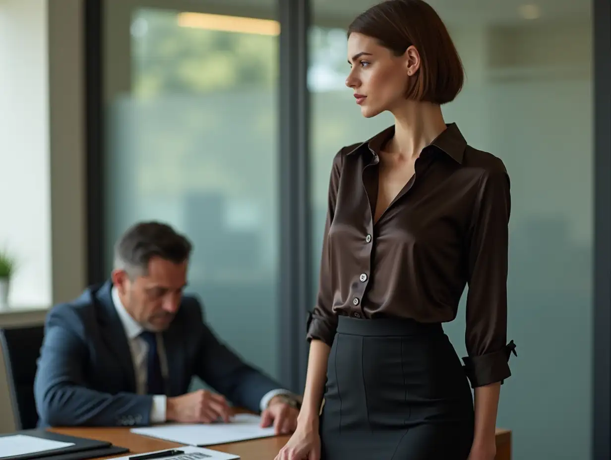 (8K, RAW photo, top quality, masterpiece:1.3),(realistic, photo-realistic:1.37  beautiful young woman a short brown hair, medium breasts, slim figure, medium hips, black mini pencil skirt, shiny silk blouse with buttons and long sleeves , She is in the office with her male boss, the boss is sitting at a table, looking through documents while she stands next leaning to him ,