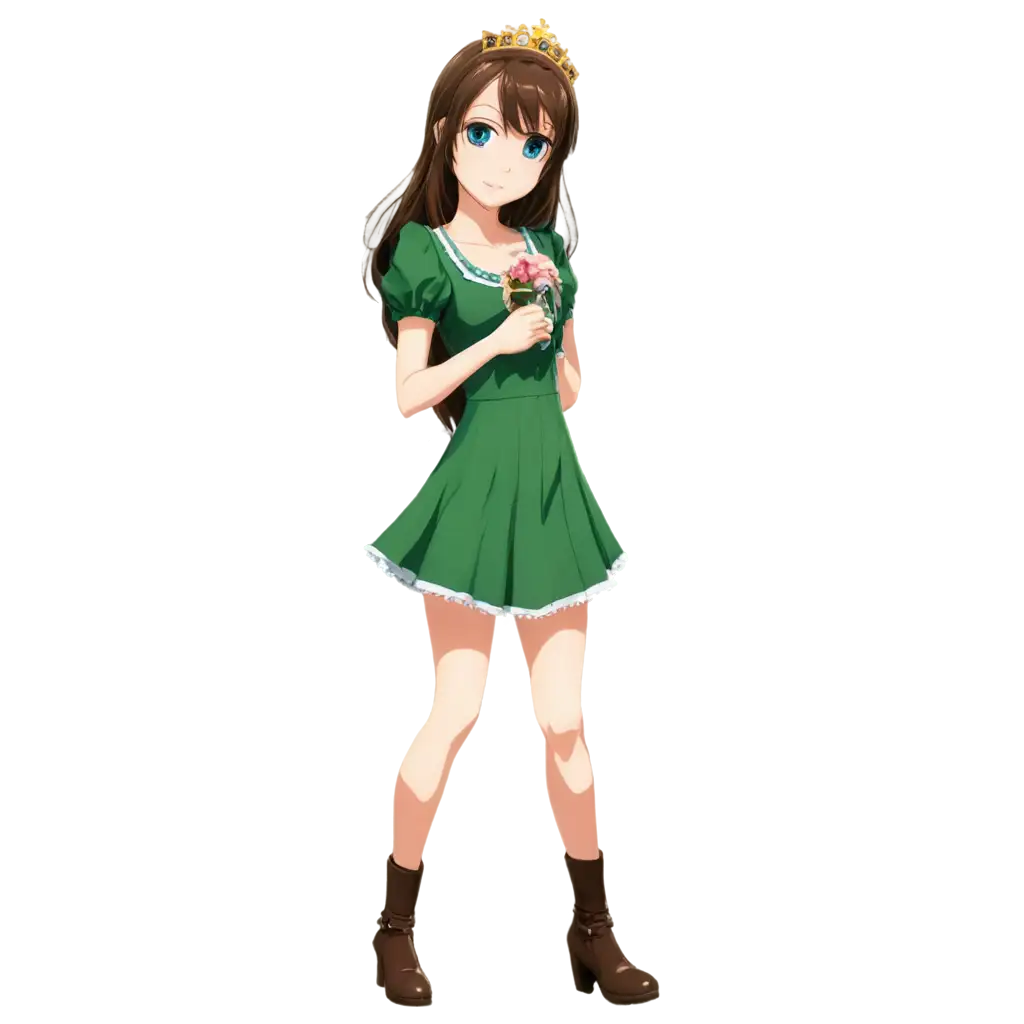 anime teen princess brown hair blue eyes full body green dress