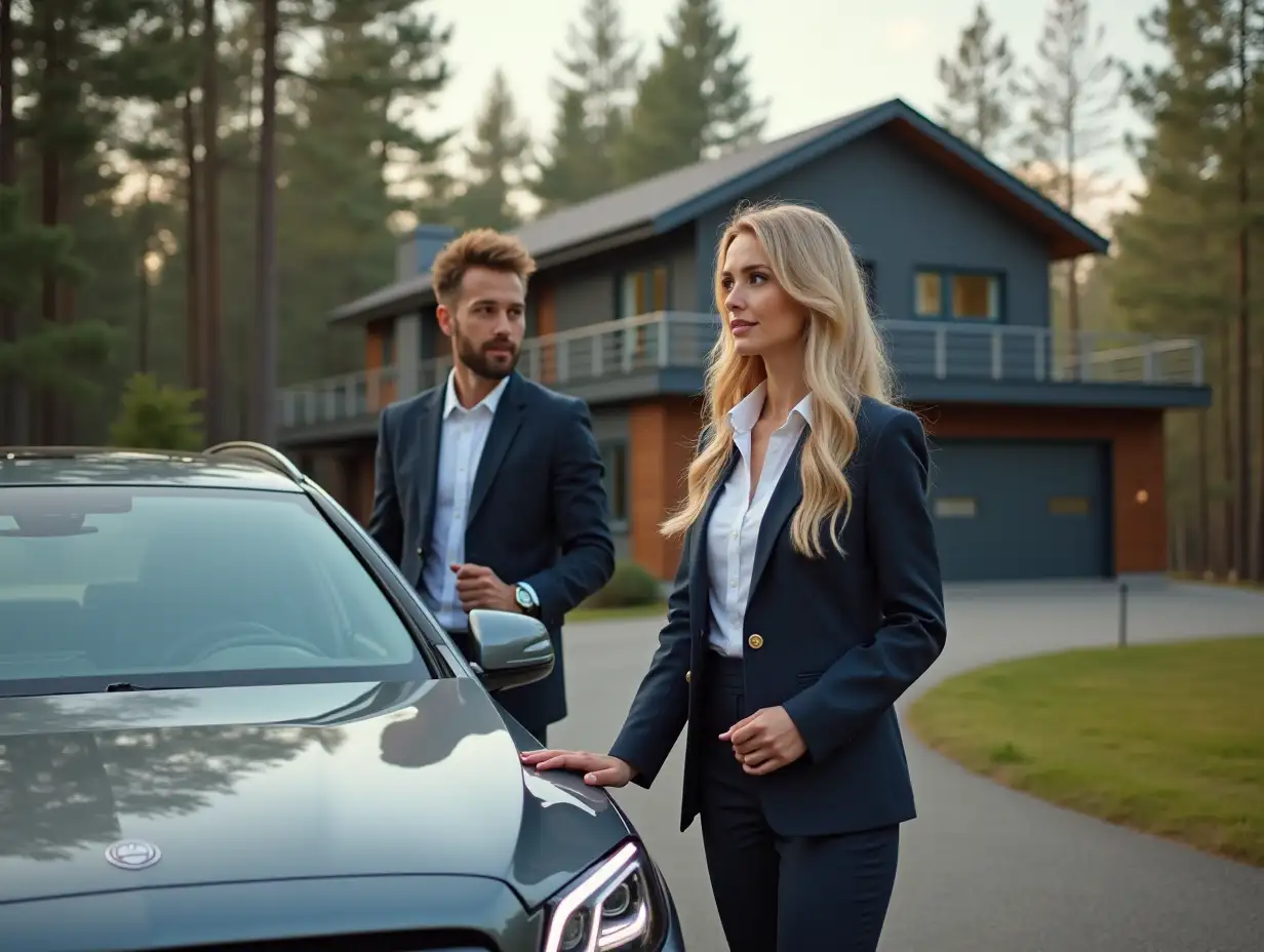 BLONDE young woman in office outfit, leaning on car hood and talk with her youngman in front of a two-story modern house with a flat roof on the driveway pine forest , fotorealistic face dettaling