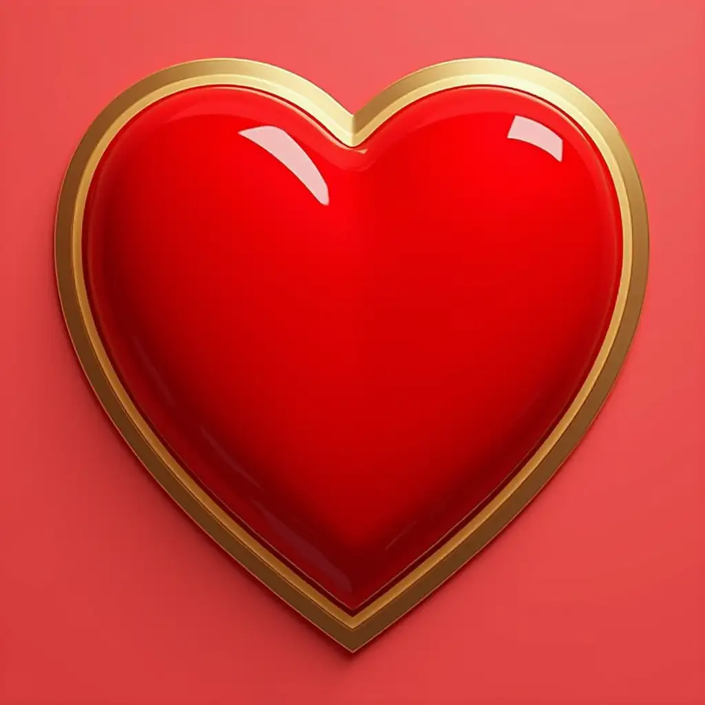 Glossy shiney Red 3d heart shape with gold art outline inside the border