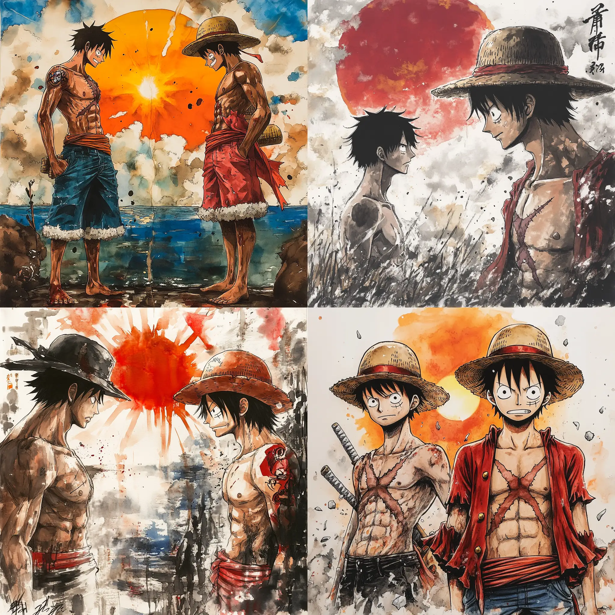 Monkey-D-Luffy-and-Ace-One-Piece-Sumie-Ink-Style-Colored-Art