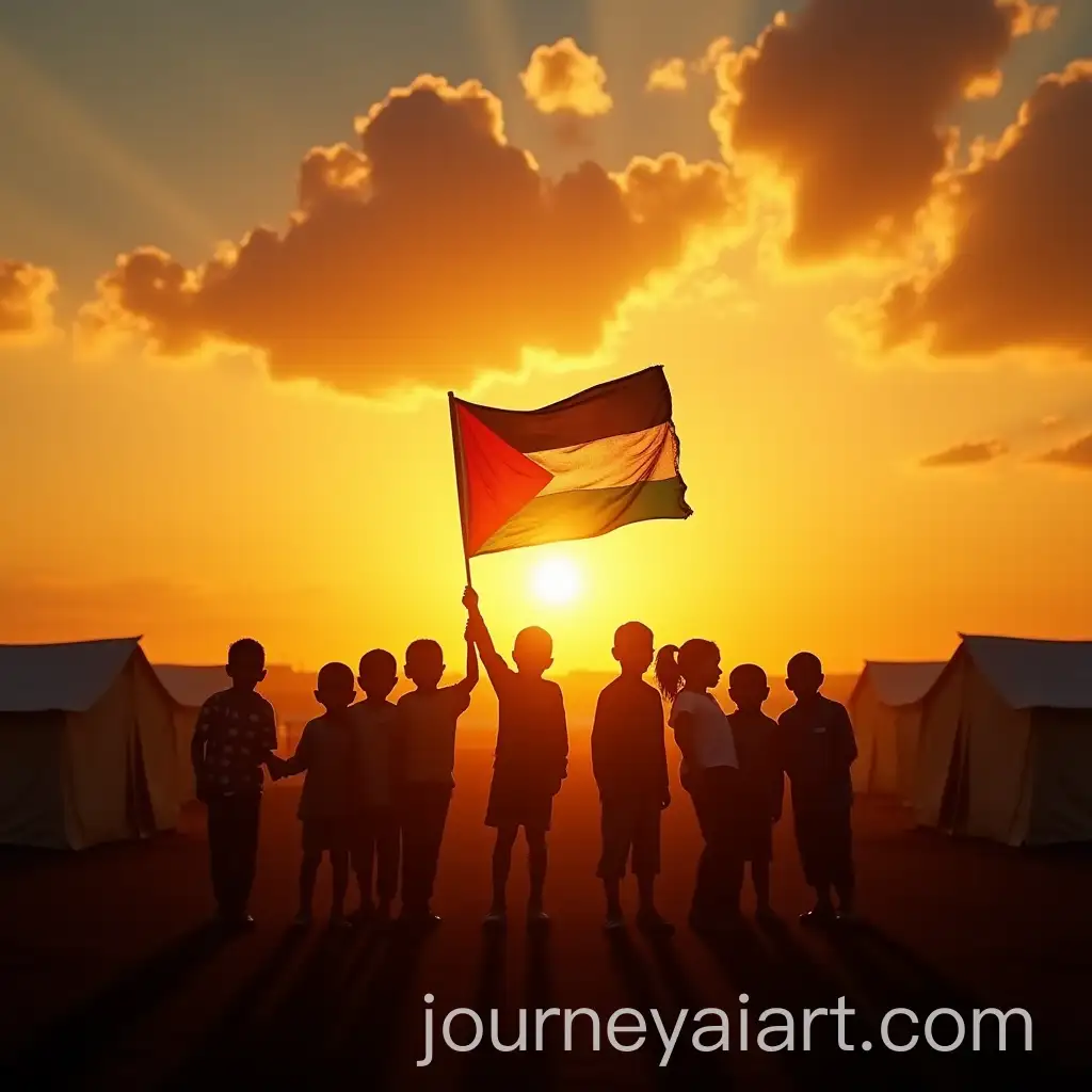 Children-Holding-Palestinian-Flag-Against-Sunrise-with-UN-Refugee-Tents